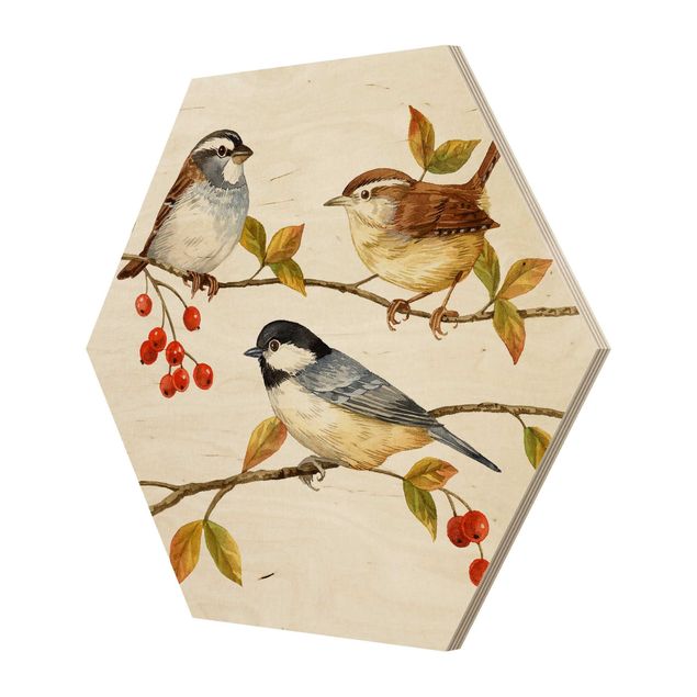 Wooden hexagon - Birds And Berries - Tits