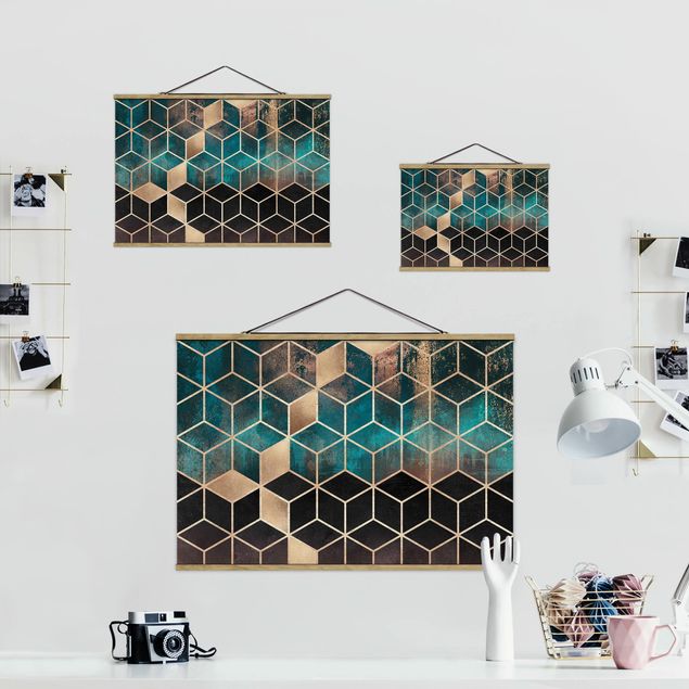 Fabric print with poster hangers - Turquoise Rosé Golden Geometry