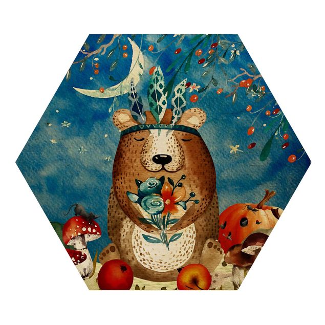 Hexagon Picture Wood - Watercolor Bear In Moonlight