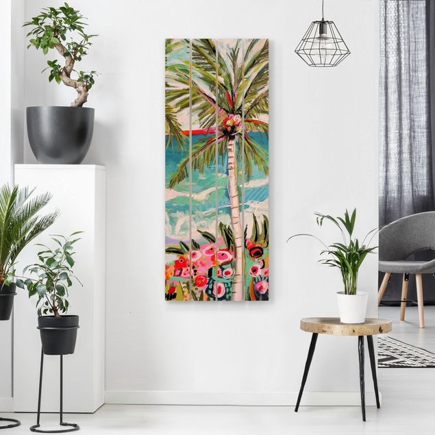 Print on wood - Palm Tree With Pink Flowers II