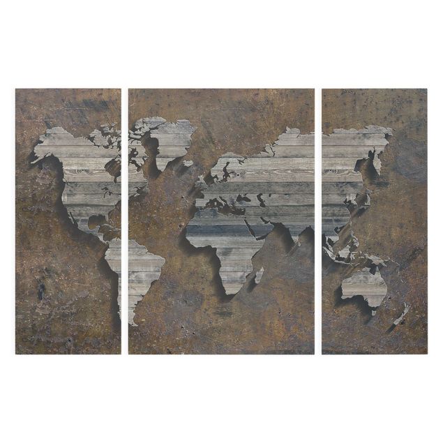 Print on canvas 3 parts - Wooden Grid World Map