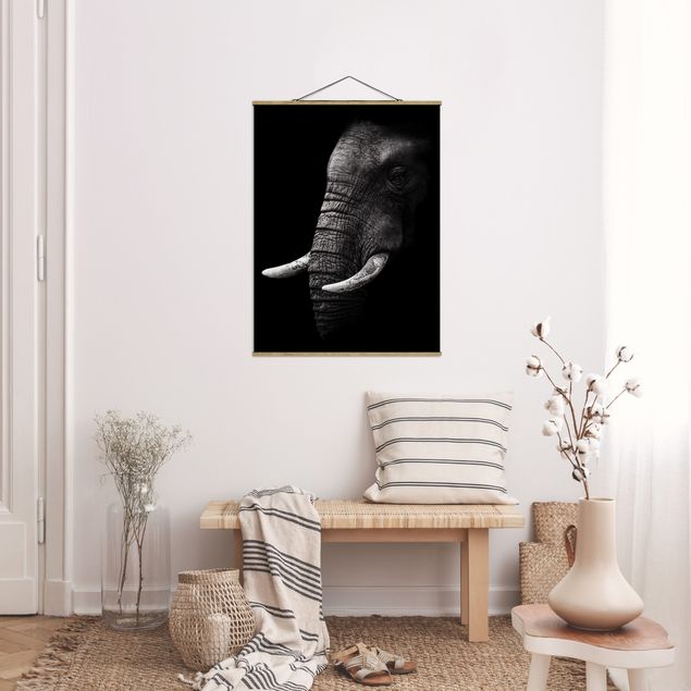 Fabric print with poster hangers - Dark Elephant Portrait