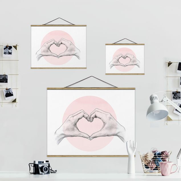 Fabric print with poster hangers - Illustration Heart Hands Circle Pink White