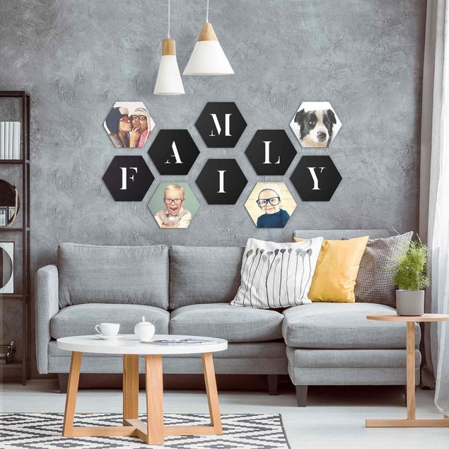 Alu-Dibond hexagon - Letters FAMILY White Set II