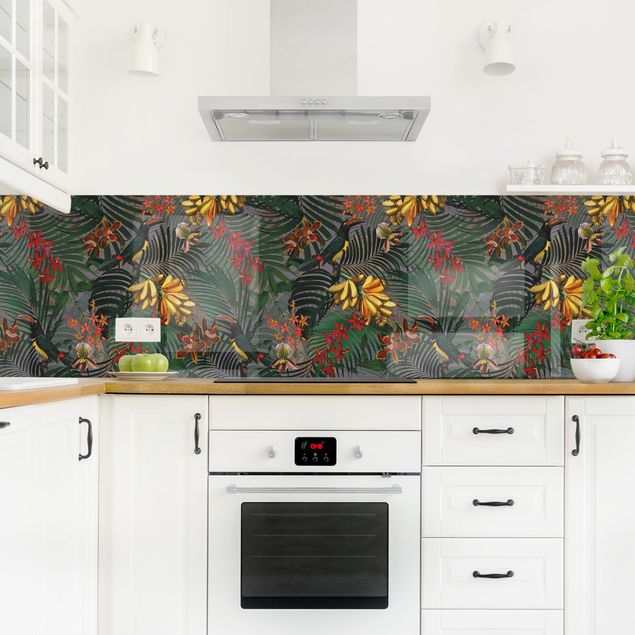 Kitchen splashback animals Tropical Ferns With Tucan Green