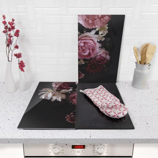 Glass stove top cover - Pink Flowers On Black