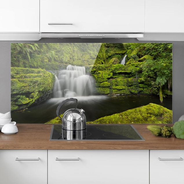 Glass splashback kitchen landscape Lower Mclean Falls In New Zealand
