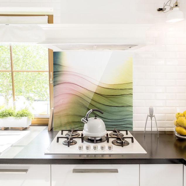 Glass splashback abstract Mottled Colours Pink Yellow With Turquoise