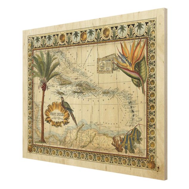 Print on wood - Vintage Tropical Map West Indies