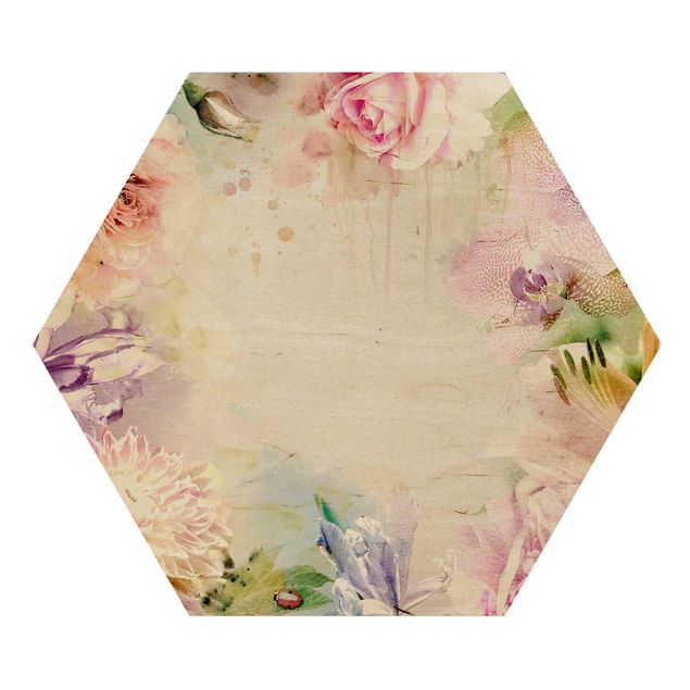 Wooden hexagon - Watercolour Flower Mix Pastel