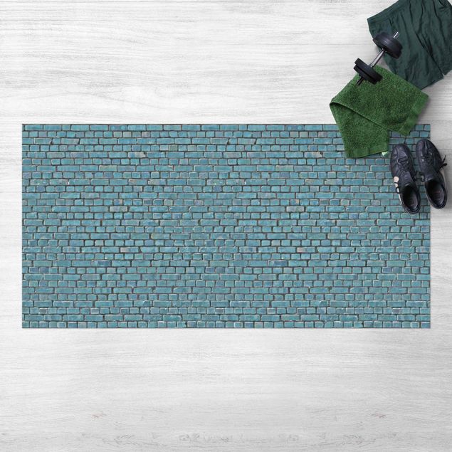 outdoor balcony rug Brick Wall Wallpaper Turquoise Blue