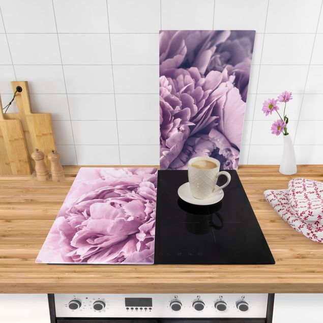 Glass stove top cover - Purple Peony Blossoms