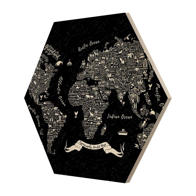 Wooden hexagon - Typography World Map Black