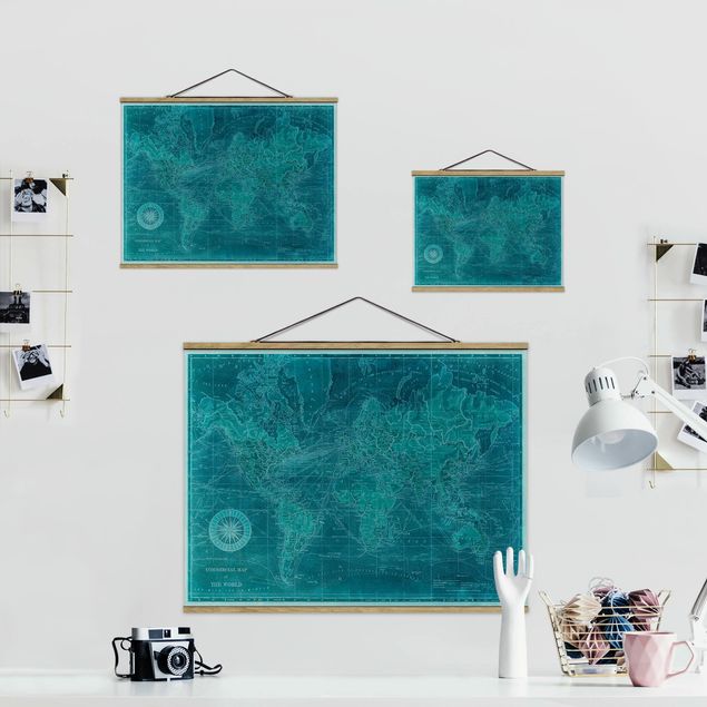 Fabric print with poster hangers - Vintage World Map Azure