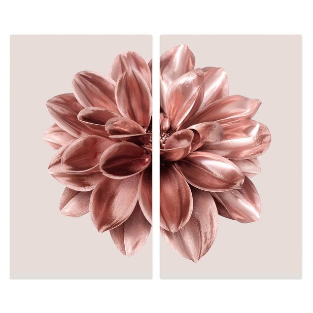 Glass stove top cover - Dahlia Flower Pink Gold Metallic