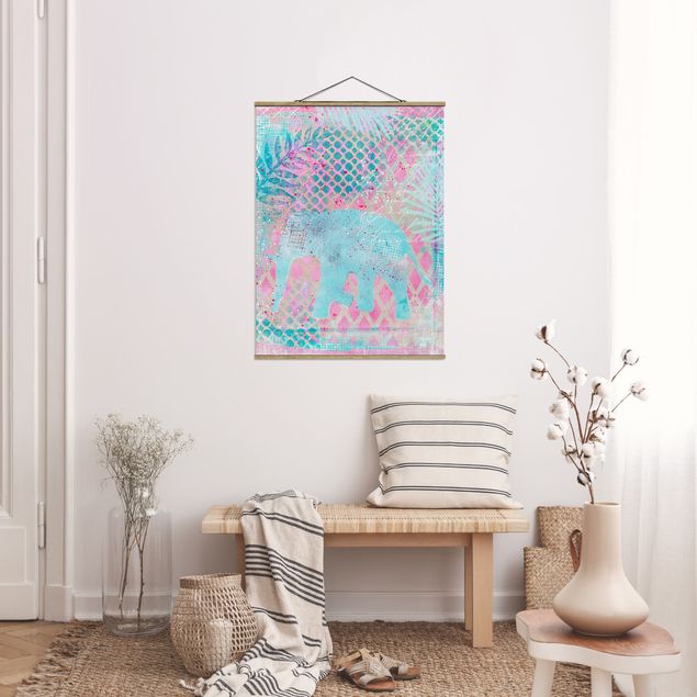 Fabric print with poster hangers - Colourful Collage - Elephant In Blue And Pink