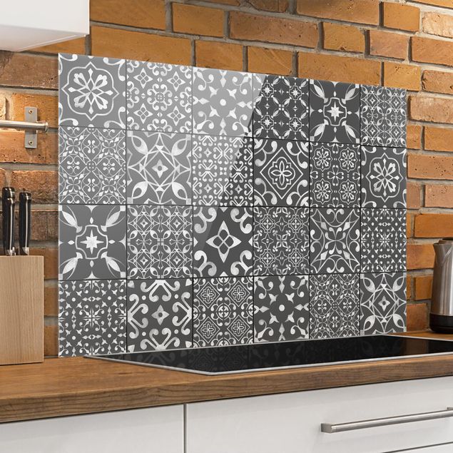 Glass splashback kitchen tiles Patterned Tiles Dark Gray White
