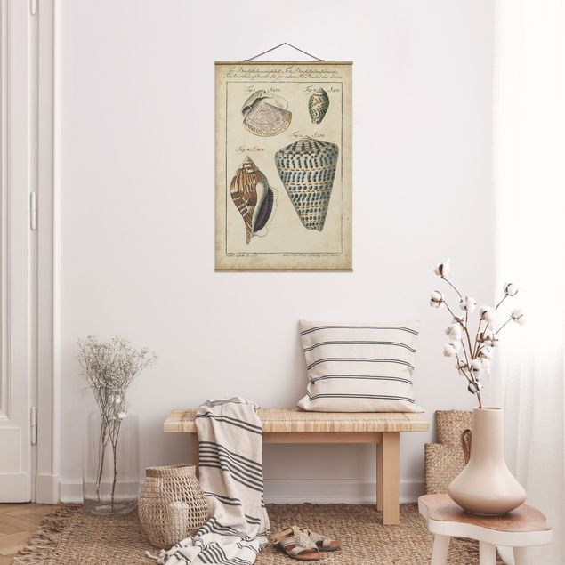 Fabric print with poster hangers - Vintage Conch Drawing Pattern Bunte