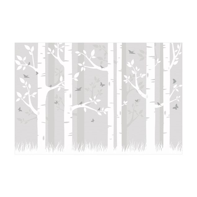 gray rug Birch Forest With Butterflies And Birds
