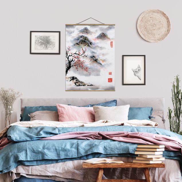 Fabric print with poster hangers - Japanese Watercolour Drawing Cherry Tree And Mountains