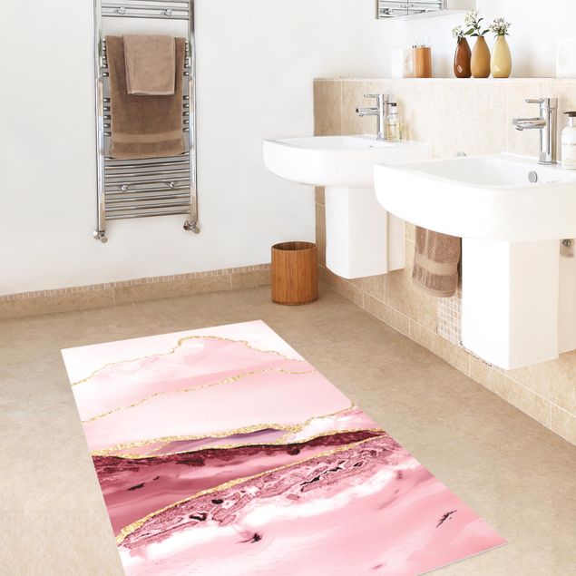 kitchen runner rugs Abstract Mountains Pink With Golden Lines