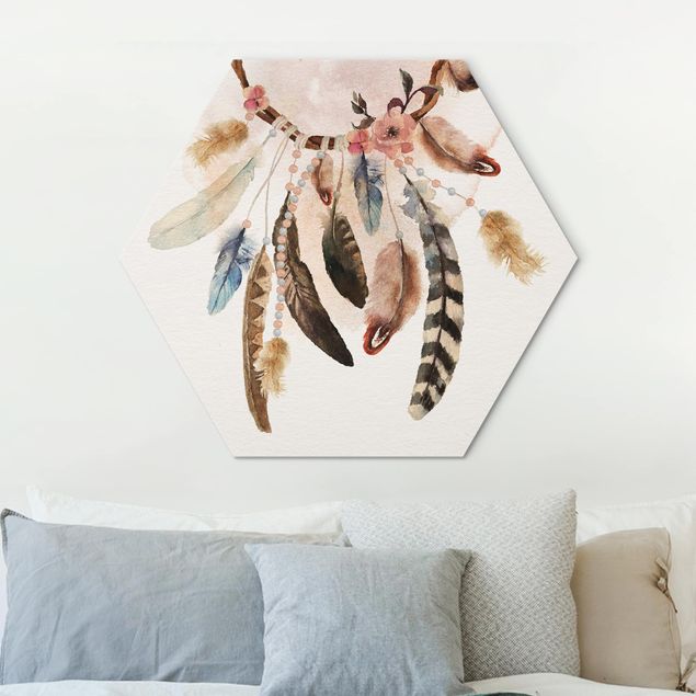 Alu-Dibond hexagon - Dream Catcher With Roses And Feathers