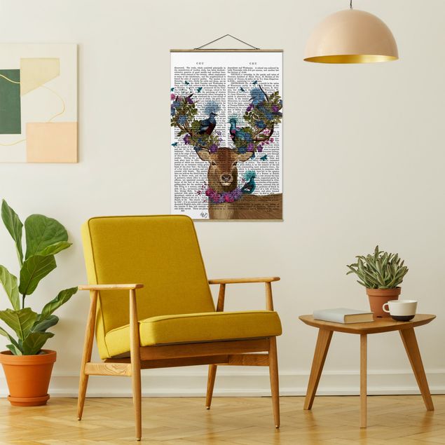 Fabric print with poster hangers - Fowler - Deer With Pigeons
