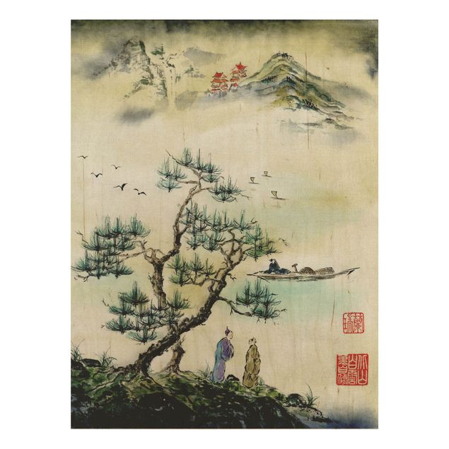 Print on wood - Japanese Watercolour Drawing Pine And Mountain Village