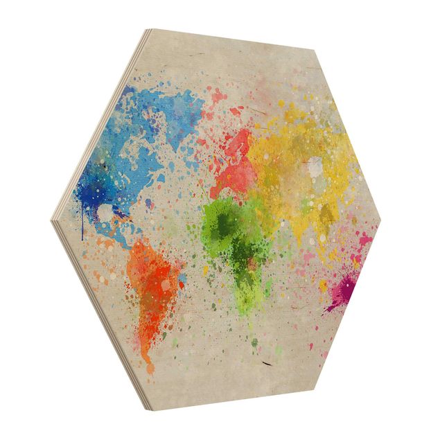 Wooden hexagon - Colourful Splodges World Map