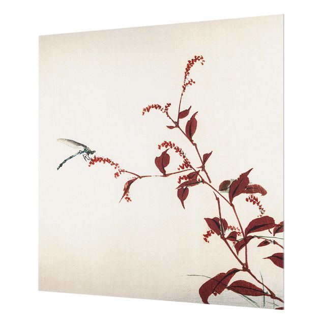 Glass Splashback - Asian Vintage Drawing Red Branch With Dragonfly - Square 1:1