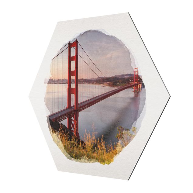 Alu-Dibond hexagon - WaterColours - Golden Gate Bridge In San Francisco