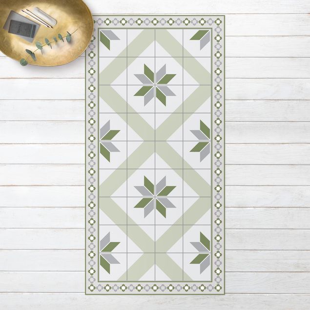 outdoor balcony rug Geometrical Tiles Rhombic Flower Olive Green With narrow Border