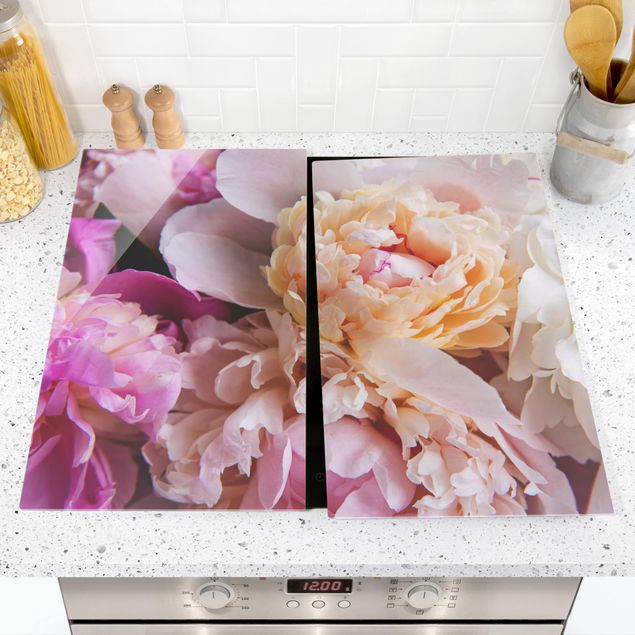 Glass stove top cover - Blooming Peonies