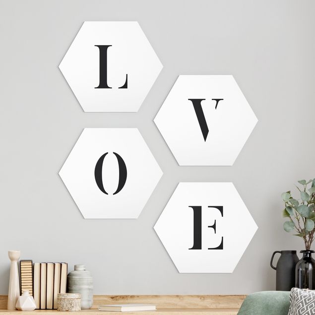 Alu-Dibond hexagon - Letters LOVE Black Set II