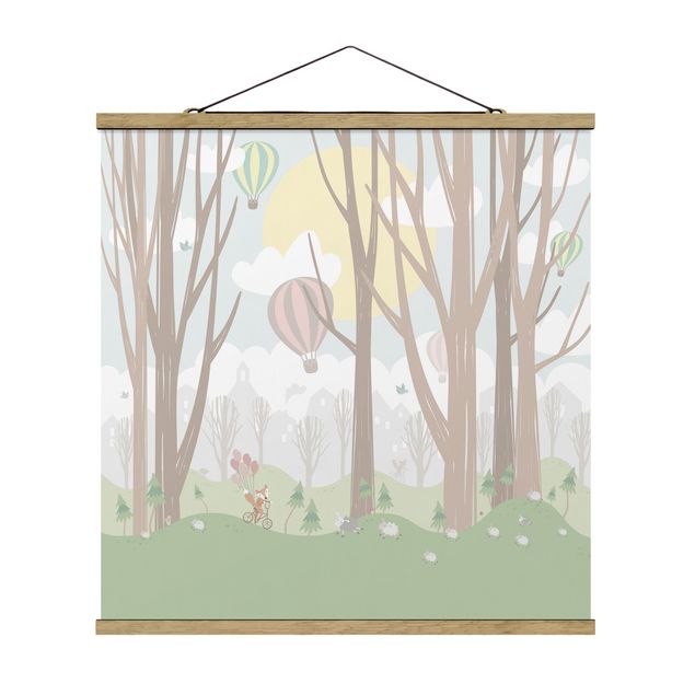 Fabric print with poster hangers - Sun With Trees And Hot Air Balloons