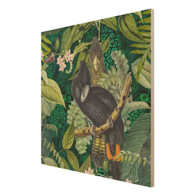 Print on wood - Colourful Collage - Cockatoos In The Jungle