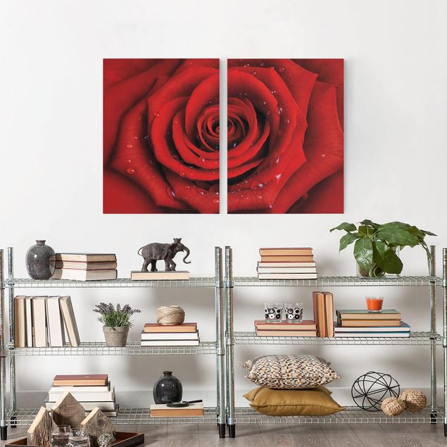 Print on canvas 2 parts - Red Rose With Water Drops
