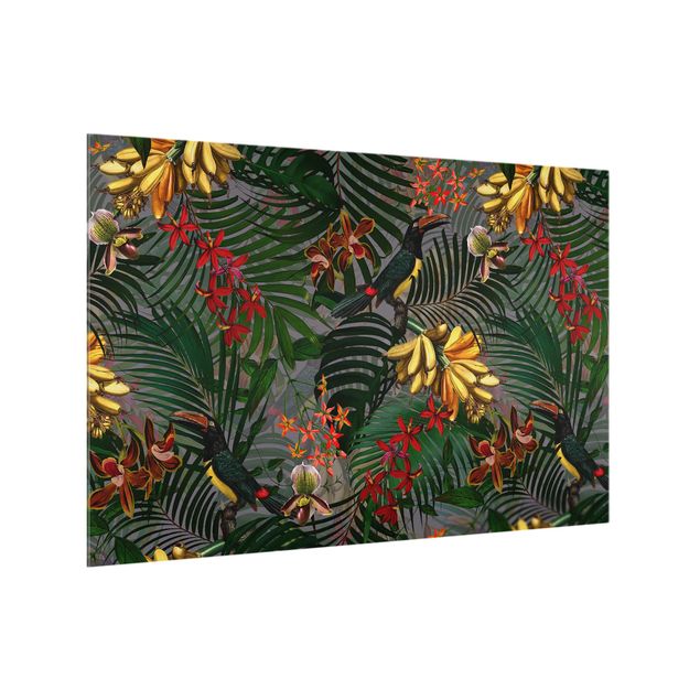Glass splashback art print Tropical Ferns With Tucan Green