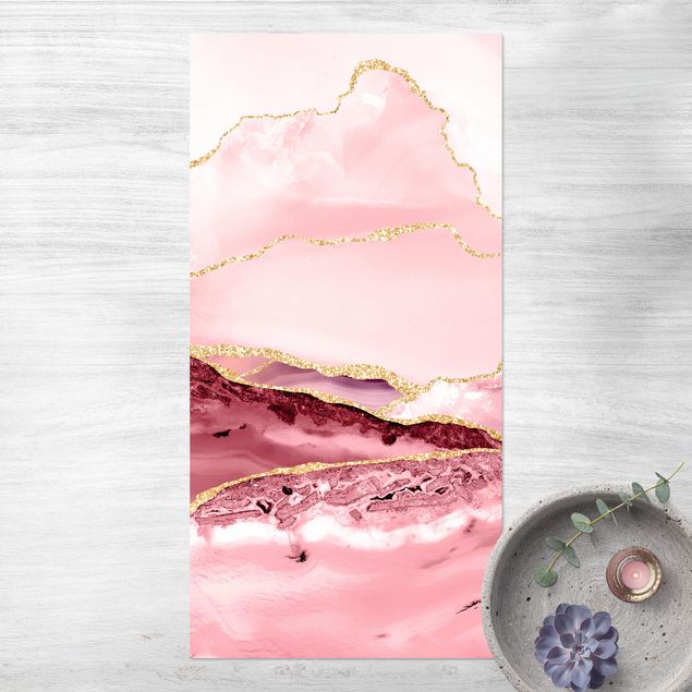 balcony mat Abstract Mountains Pink With Golden Lines