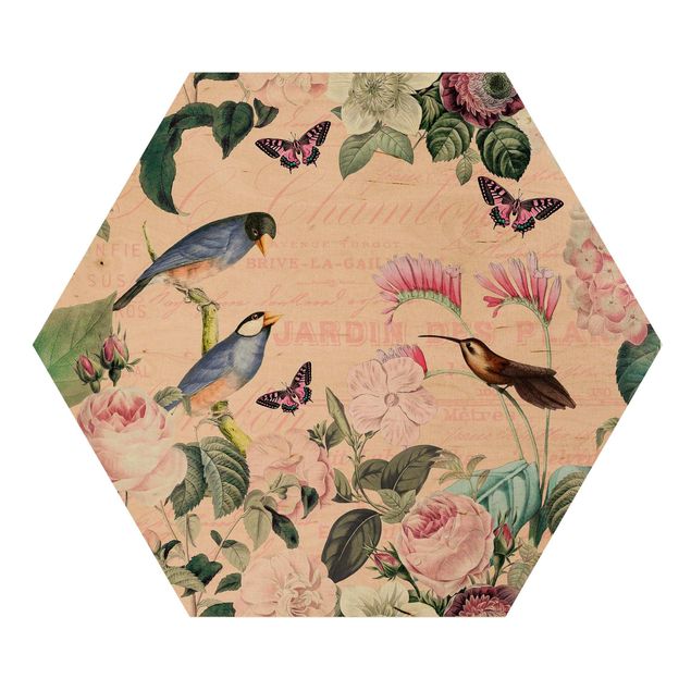 Hexagon Picture Wood - Vintage Collage - Roses And Birds