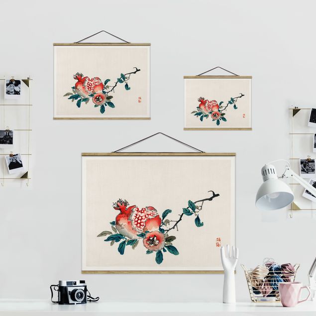 Fabric print with poster hangers - Asian Vintage Drawing Pomegranate