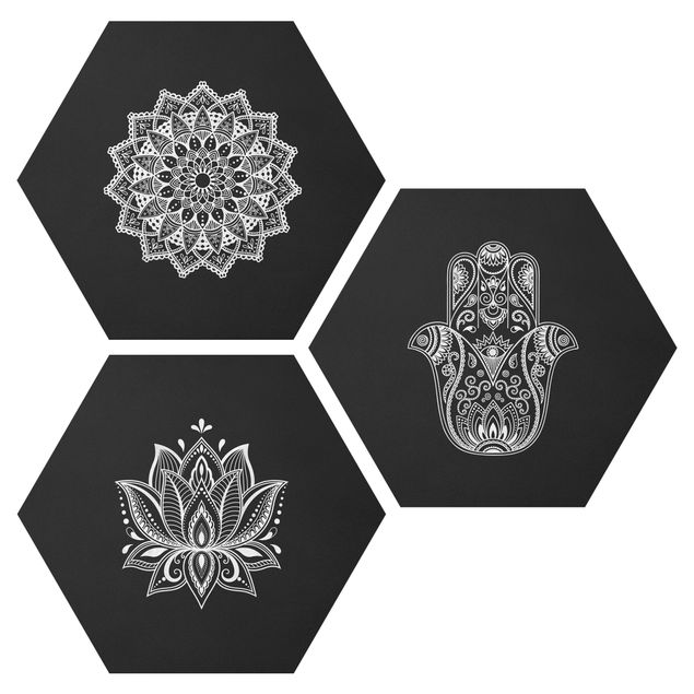Alu-Dibond hexagon - Mandala Hamsa Hand Lotus Set On Black