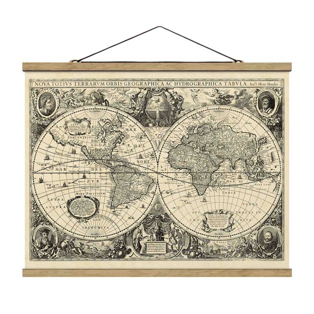 Fabric print with poster hangers - Vintage World Map Antique Illustration