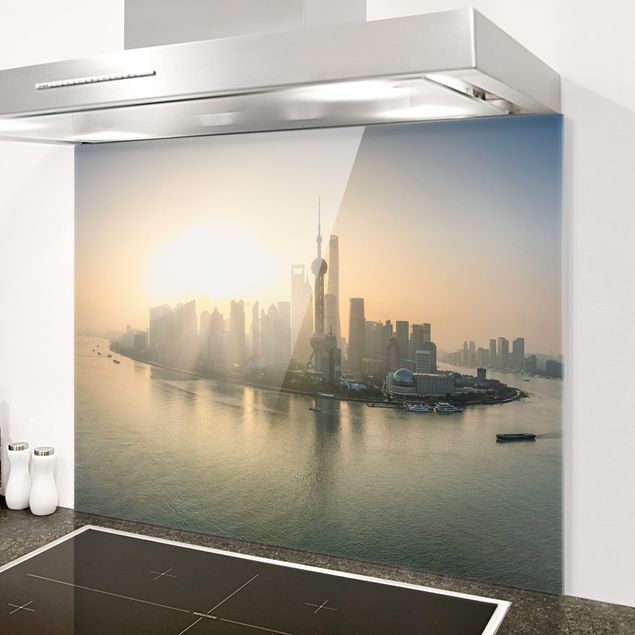 Glass splashback architecture and skylines Pudong At Dawn