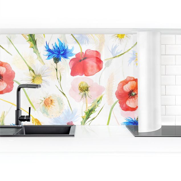 Kitchen wall cladding - Watercolour Wild Flowers With Poppies