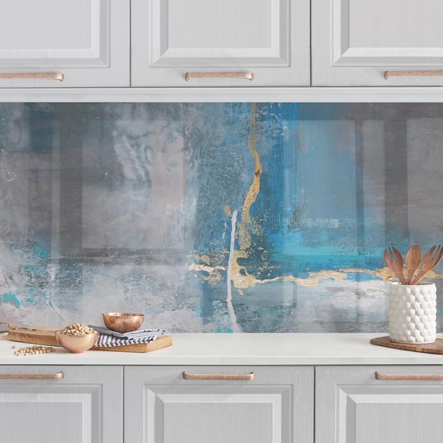 Kitchen splashback abstract Blue Structure With Golden Accents