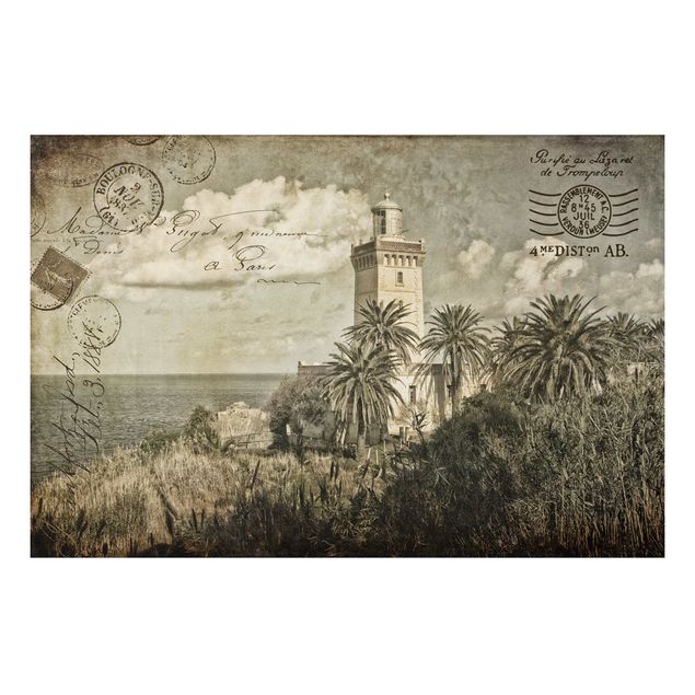 Print on aluminium - Vintage Postcard With Lighthouse And Palm Trees
