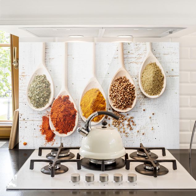 Glass splashback kitchen spices and herbs Wooden Spoon With Spices