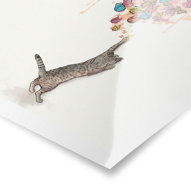 Poster - Illustration Cat With Colourful Butterflies Painting
