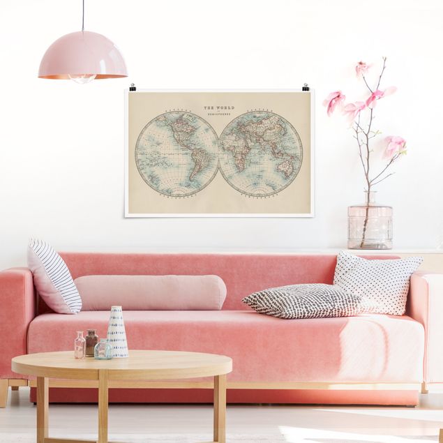 Poster - Vintage World Map The Two Hemispheres